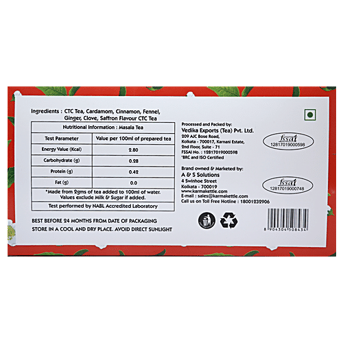Karma Kettle Masala Tea - Unbleached & Staple-Free Teabags, 200 g (100 Bags x 2 g each) Zero Fat, Staple-Free