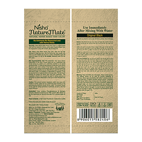 Nisha Nature Mate Natural Henna Based Hair Colour - Original Black, 30 g No Ammonia & Resorcinol