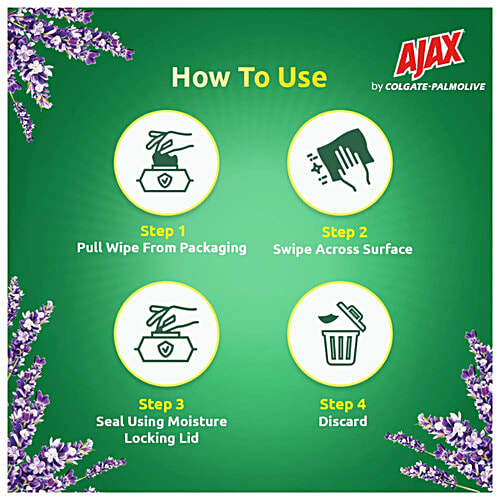 Ajax Eco Multipurpose Sanitizing Wipes - Lavender, 100% Natural, Made from Bamboo, 110 pcs  Removes 99.9% of Germs