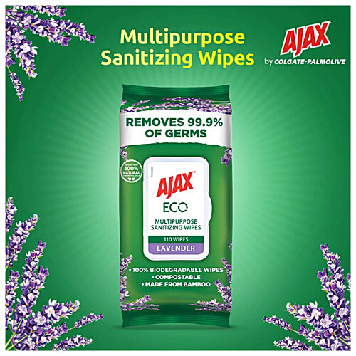 Ajax Eco Multipurpose Sanitizing Wipes - Lavender, 100% Natural, Made from Bamboo, 110 pcs  Removes 99.9% of Germs