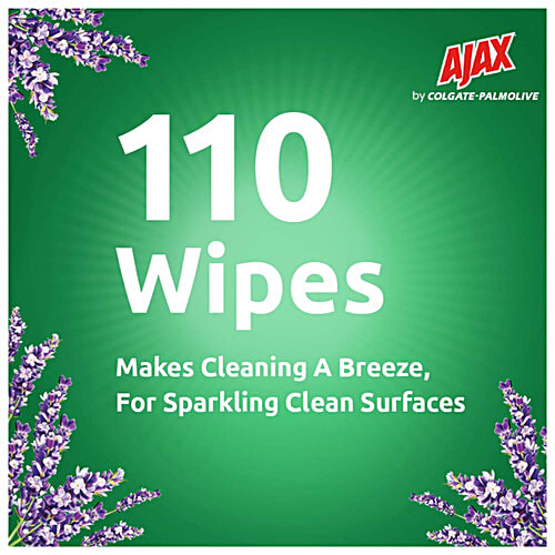 Ajax Eco Multipurpose Sanitizing Wipes - Lavender, 100% Natural, Made from Bamboo, 110 pcs  Removes 99.9% of Germs
