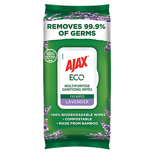 Ajax Eco Multipurpose Sanitizing Wipes - Lavender, 100% Natural, Made from Bamboo, 110 pcs  Removes 99.9% of Germs