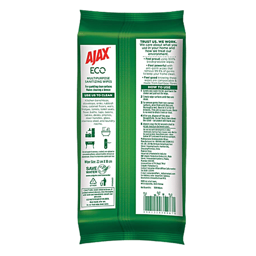 Ajax Eco Multipurpose Sanitizing Wipes - Fresh Lemon, 100% Natural, Made from Bamboo, 110 pcs  Removes 99.9% of Germs