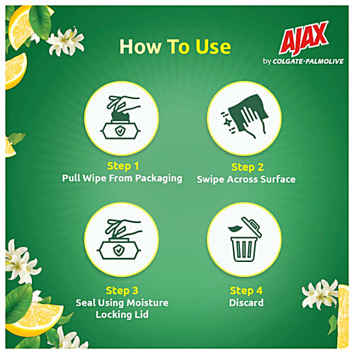 Ajax Eco Multipurpose Sanitizing Wipes - Fresh Lemon, 100% Natural, Made from Bamboo, 110 pcs  Removes 99.9% of Germs