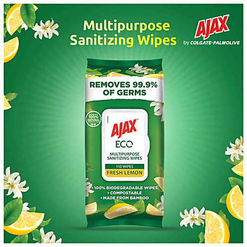 Ajax Eco Multipurpose Sanitizing Wipes - Fresh Lemon, 100% Natural, Made from Bamboo, 110 pcs  Removes 99.9% of Germs