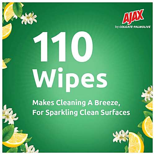 Ajax Eco Multipurpose Sanitizing Wipes - Fresh Lemon, 100% Natural, Made from Bamboo, 110 pcs  Removes 99.9% of Germs