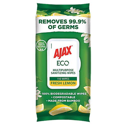 Ajax Eco Multipurpose Sanitizing Wipes - Fresh Lemon, 100% Natural, Made from Bamboo, 110 pcs  Removes 99.9% of Germs