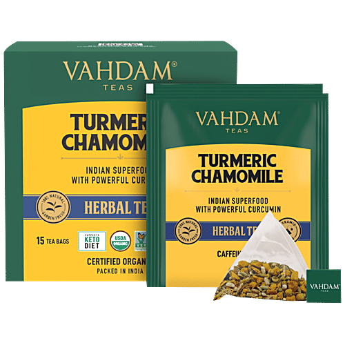VAHDAM Herbal Tea - Organic Turmeric Chamomile, 30 g (15 Pyramid Bags x 2 g each) 