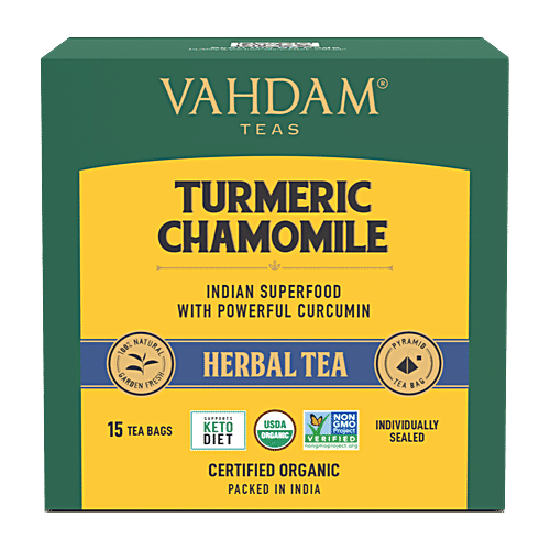 VAHDAM Herbal Tea - Organic Turmeric Chamomile, 30 g (15 Pyramid Bags x 2 g each) 