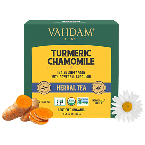 VAHDAM Herbal Tea - Organic Turmeric Chamomile, 30 g (15 Pyramid Bags x 2 g each) 