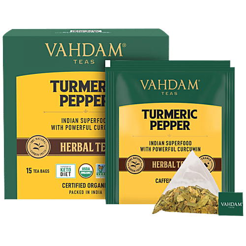 VAHDAM Herbal Tea - Organic Turmeric Pepper, 30 g (15 Pyramid Bags x 2 g each) 