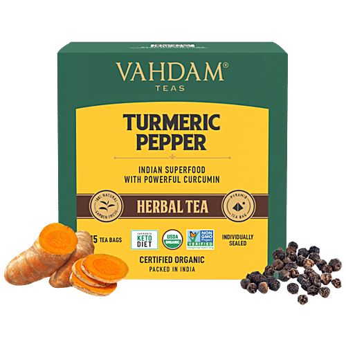 VAHDAM Herbal Tea - Organic Turmeric Pepper, 30 g (15 Pyramid Bags x 2 g each) 