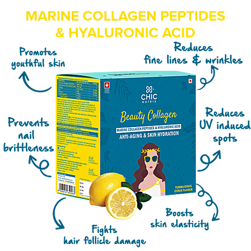 Chicnutrix Beauty Collagen Marine Collagen Peptides & Hyaluronic Acid - Citrus Flavour, 450 g  