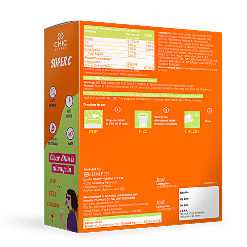 Chicnutrix Super C Amla Extract & Zinc - Fizzy Orange Flavour, 60 Tablets  