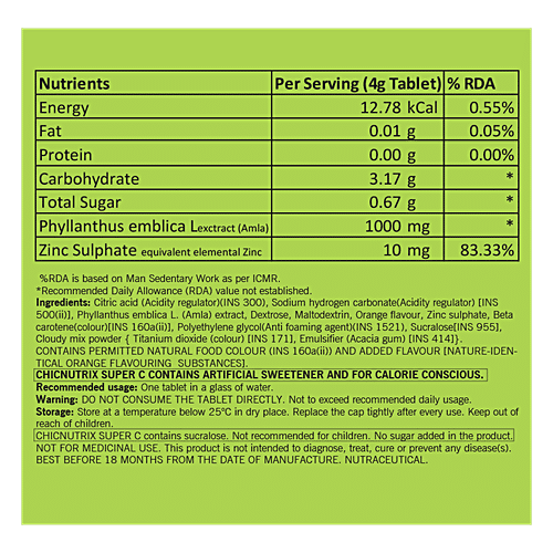 Chicnutrix Super C Amla Extract & Zinc - Fizzy Orange Flavour, 60 Tablets  