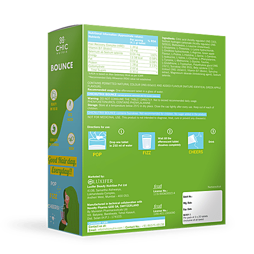 Chicnutrix Bounce Hair Recovery Complex, Biotin & Selenium - Green Apple Flavour, 60 Tablets  