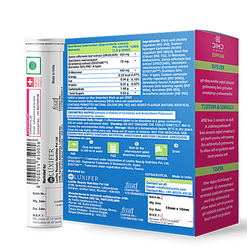 Chicnutrix Happee Natural UTI Management - Cranberry, Ursolia, D-Mannose, Strawberry Flavour, 20 Tablets  
