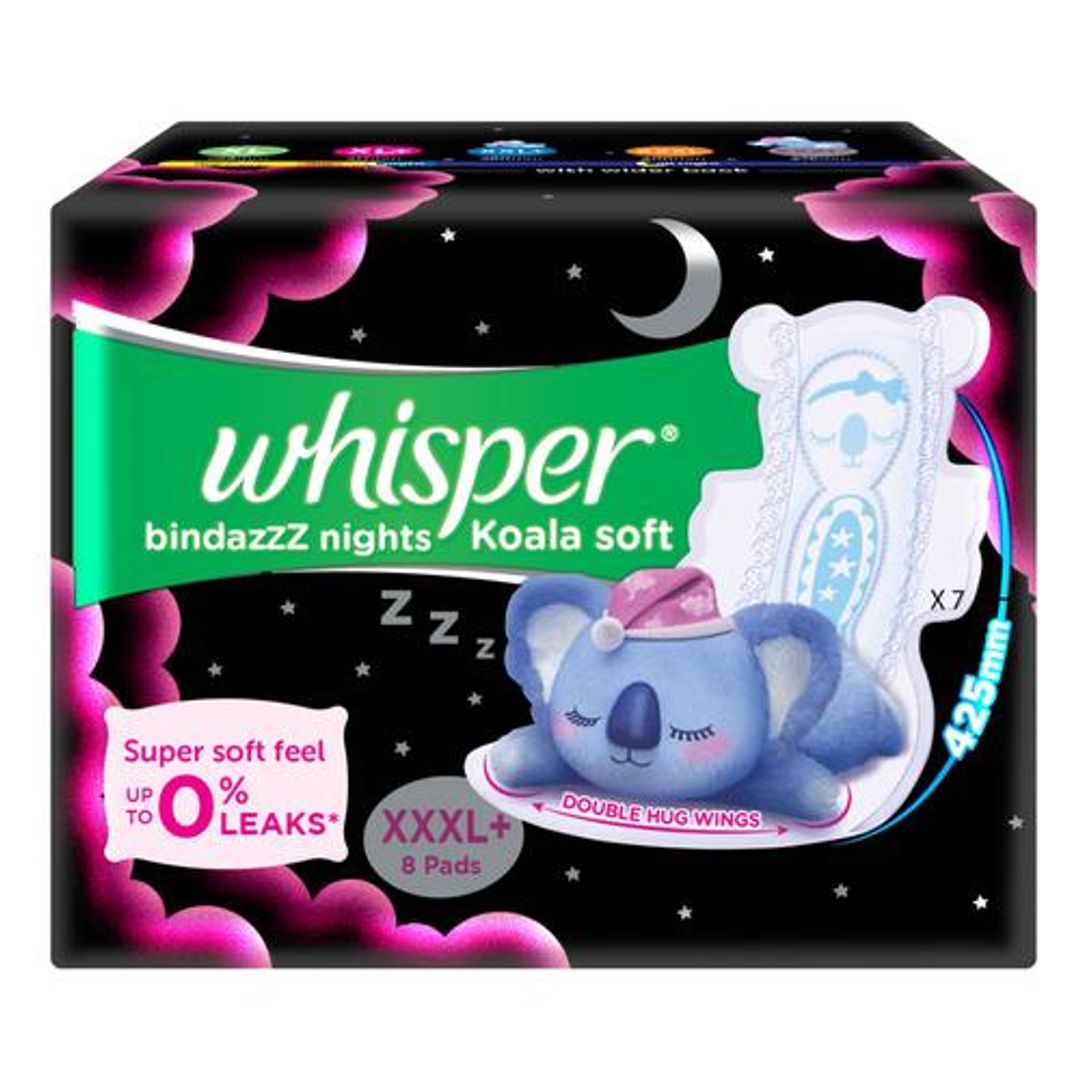 Whisper  Bindazzz Nights Koala Soft Sanitary Pads - XXXL Plus, Double Huge Wings, Wider Back, 8 pcs 