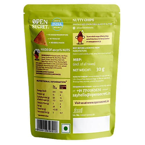Open Secret Nutty Chips - Lemon Chilli Almond, Baked Supergrain Chips, Protein Packed, Not Fried, 30 g  