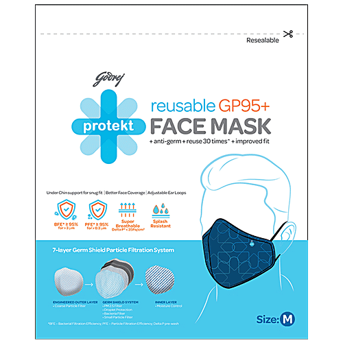 Godrej Protekt GP 95+ Reusable Face Mask - 7 Layer Germ Shield Protection, Blue, Medium, 1 pc  Reusable