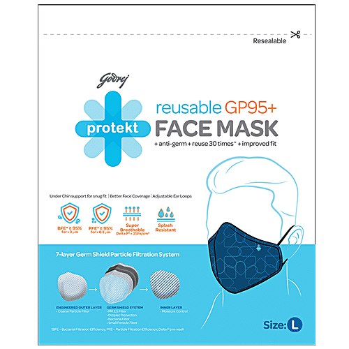 Godrej Protekt GP 95+ Reusable Face Mask - 7 Layer Germ Shield Protection, Blue, Large, 1 pc  Reusable