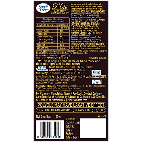 Sugar Free D'lite Zesty Orange Flavour Dark Chocolate Bar, 40 g  