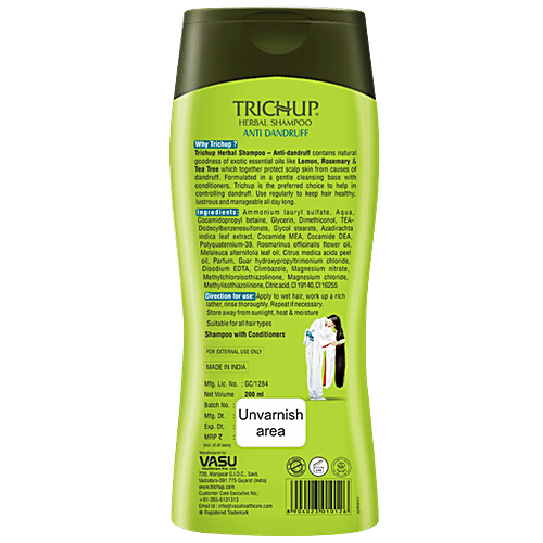 Trichup Anti Dandruff Herbal Shampoo - Enriched with Neem, Rosemary, Tea Tree & Lemon Oil, 200 ml Pack of 1 0% SLES, Parabens