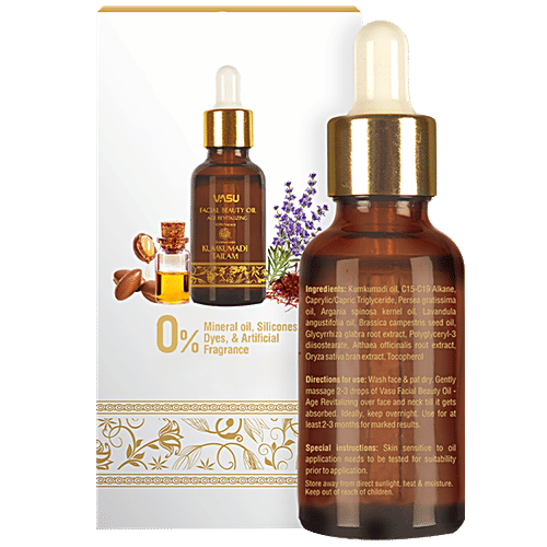 Vasu Facial Beauty Oil - Enriched with Kumkumadi Tailam, Age Revitalizing, 100% Natural, 25 ml Pack of 1 100% Natural
