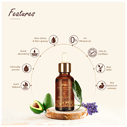 Vasu Facial Beauty Oil - Enriched with Kumkumadi Tailam, Age Revitalizing, 100% Natural, 25 ml Pack of 1 100% Natural