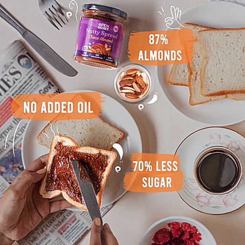 Open Secret Nutty Spread - Choco Almond, 87% Almond, 70% Less Sugar, No Added Oil, & Preservative, 175 g Glass Jar 