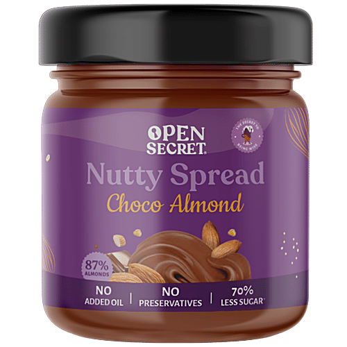 Open Secret Nutty Spread - Choco Almond, 87% Almond, 70% Less Sugar, No Added Oil, & Preservative, 175 g Glass Jar 