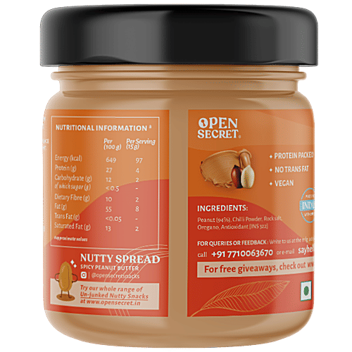 Open Secret Nutty Spread - Spicy Peanut Butter, 94% Peanuts, No Added Sugar & No Added Oil, 490 g Glass Jar 