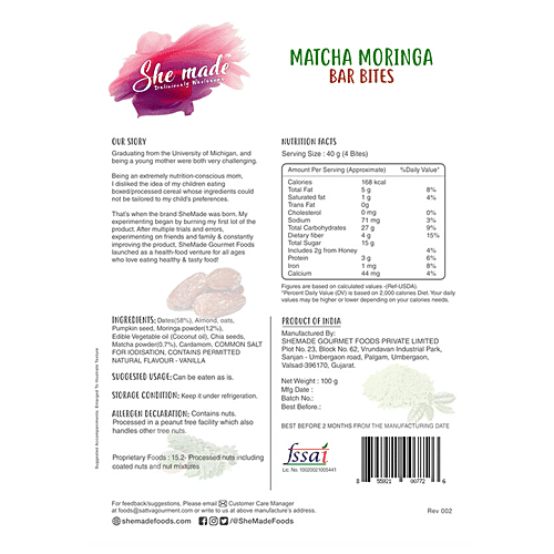 She made Matcha Moringa Bar Bites - Gluten & Dairy Free, No Preservatives, 100 g  