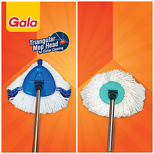 Gala Turbo Spin Mop Stick With Bucket, Triangular Head & Easy Big Wheel With 2 Refills - Floor Cleaning, Mopping Set, Grey & Blue, 1 pc  Remove Over 99% Bacteria