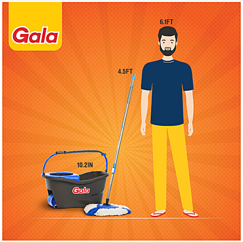 Gala Turbo Spin Mop Stick With Bucket, Triangular Head & Easy Big Wheel With 2 Refills - Floor Cleaning, Mopping Set, Grey & Blue, 1 pc  Remove Over 99% Bacteria
