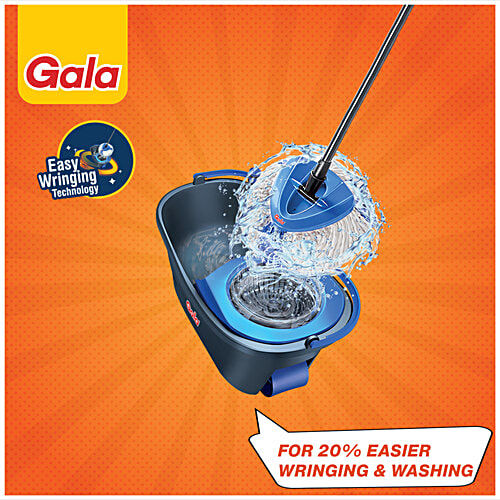 Gala Turbo Spin Mop Stick With Bucket, Triangular Head & Easy Big Wheel With 2 Refills - Floor Cleaning, Mopping Set, Grey & Blue, 1 pc  Remove Over 99% Bacteria