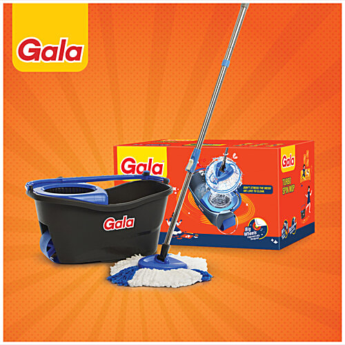 Gala Turbo Spin Mop Stick With Bucket, Triangular Head & Easy Big Wheel With 2 Refills - Floor Cleaning, Mopping Set, Grey & Blue, 1 pc  Remove Over 99% Bacteria