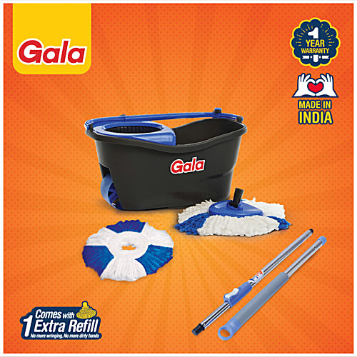 Gala Turbo Spin Mop Stick With Bucket, Triangular Head & Easy Big Wheel With 2 Refills - Floor Cleaning, Mopping Set, Grey & Blue, 1 pc  Remove Over 99% Bacteria