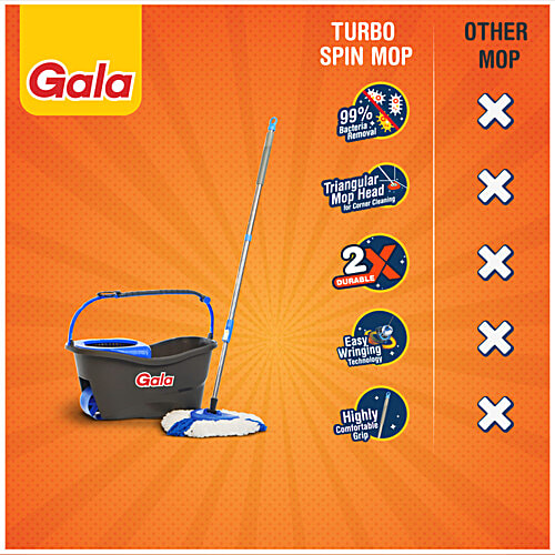 Gala Turbo Spin Mop Stick With Bucket, Triangular Head & Easy Big Wheel With 2 Refills - Floor Cleaning, Mopping Set, Grey & Blue, 1 pc  Remove Over 99% Bacteria