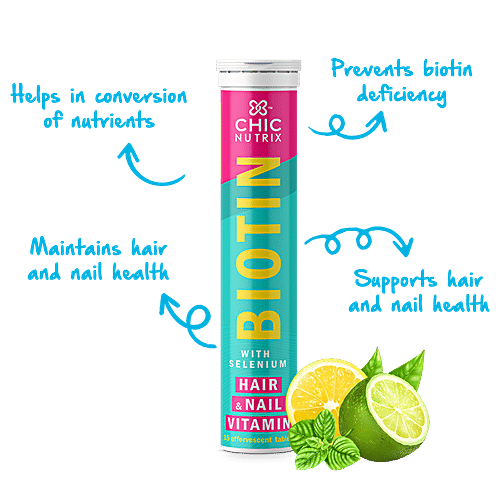 Chicnutrix Biotin With Selenium Effervescent Tablets - Hair & Nail Vitamin, Lime & Lemon, 30 pcs  