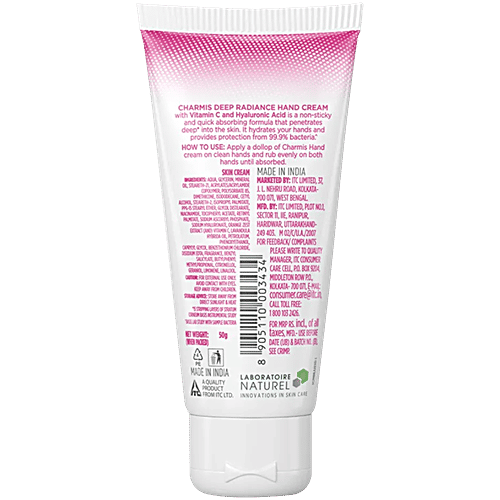 Charmis Deep Radiance Vitamin C & Hyaluronic Acid Hand Cream, 50 g  Hydration, Protection From 99.9% Bacteria