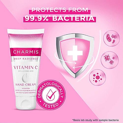 Charmis Deep Radiance Vitamin C & Hyaluronic Acid Hand Cream, 50 g  Hydration, Protection From 99.9% Bacteria
