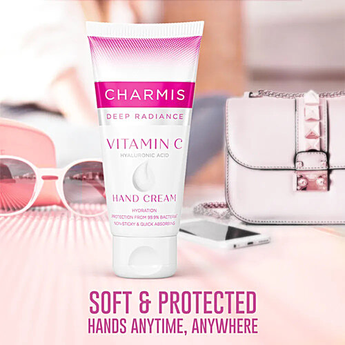 Charmis Deep Radiance Vitamin C & Hyaluronic Acid Hand Cream, 50 g  Hydration, Protection From 99.9% Bacteria