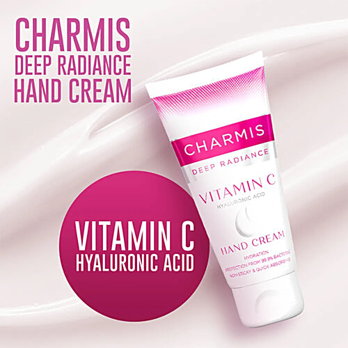 Charmis Deep Radiance Vitamin C & Hyaluronic Acid Hand Cream, 50 g  Hydration, Protection From 99.9% Bacteria