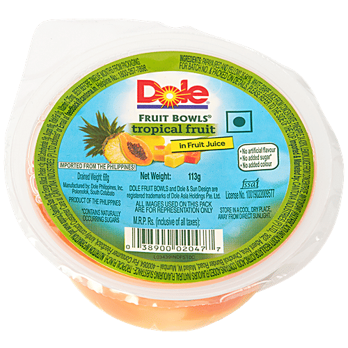 Dole Tropical Fruit Bowls - Papaya, Pear & Pineapple In Fruit Juice, No Added Sugar, 113 g  No Artificial Flavour, No Added Sugar & Colour