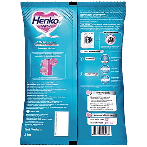 Henko Matic Lintelligent Detergent Powder - Front Load, 2 kg Pouch Nano Fibre Lock Technology