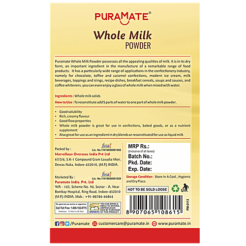 Puramate Whole Milk Powder, 75 g  Rich, Creamy Flavour & Good Solubility