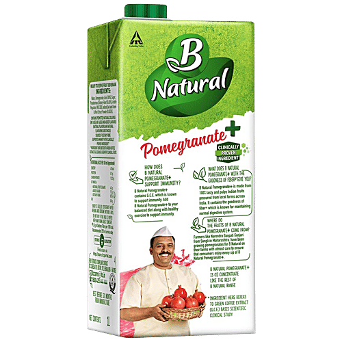 B Natural Pomegranate+ Juice With Green Coffee Extract - Rich in Vitamin C, Fibre, Indian Fruit & 0% Concentrate, 1 L Goodness of Fiber