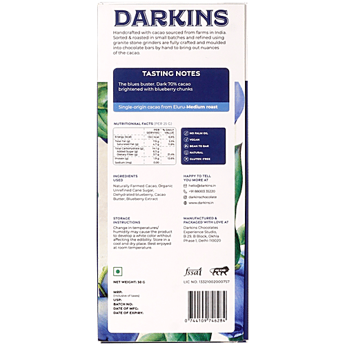 Darkins 70% Artisanal Dark Chocolate With Blueberries, 50 g  Handcrafted
 Cacao Sourced from India