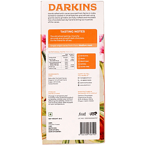 Darkins 70% Artisanal Dark Chocolate With Roasted Almonds, 50 g  Smooth Dark Chocolate
 Crunchy Roasted Almonds